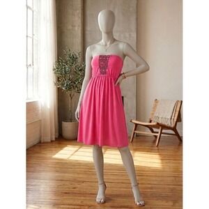 Lagaci Pink Strapless Tube Dress Embroidered Geometric Smocked Back Size M NWT